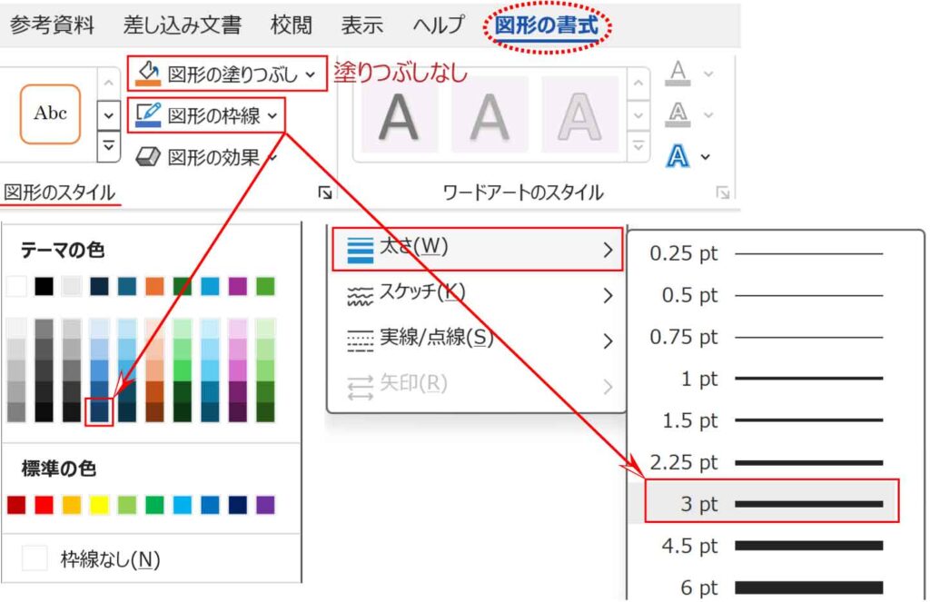 図形の枠線の色と太さを設定