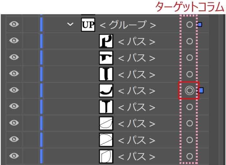 レイヤーパネルのターゲットコラム