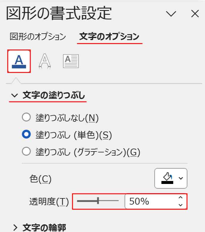 図形の書式設定作業ウィンドウ文字の透明度設定