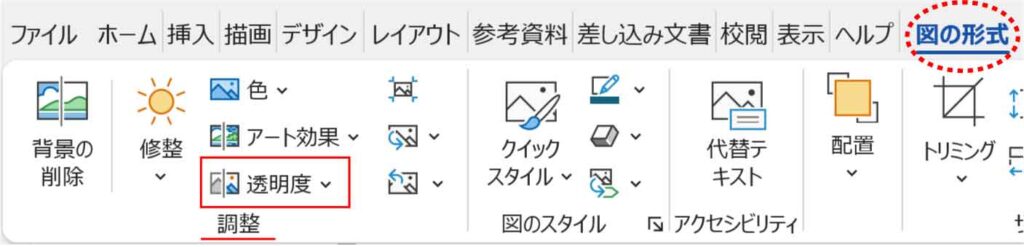 図の形式タブ透明度ボタン