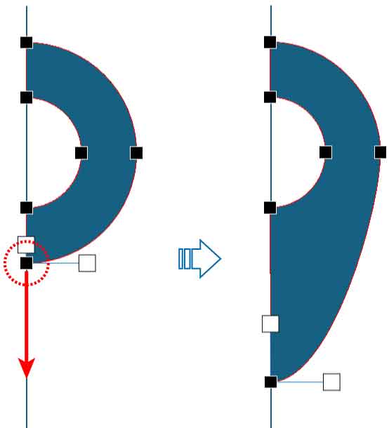 アーチの頂点を下方向へドラッグ