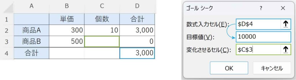 ゴールシークダイアログボックスに入れるデータ