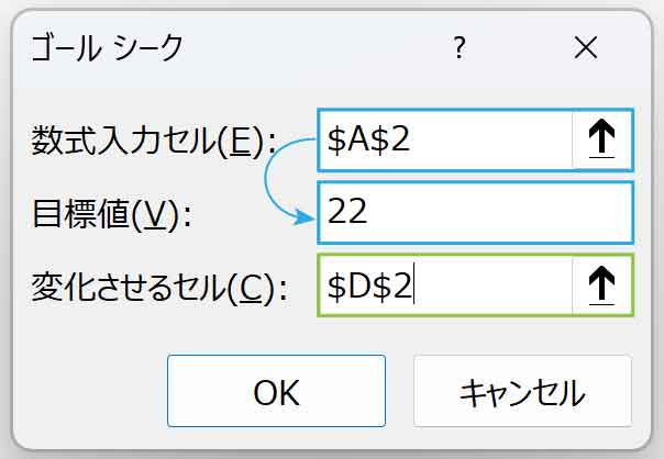 ゴールシークダイアログボックスへ入力