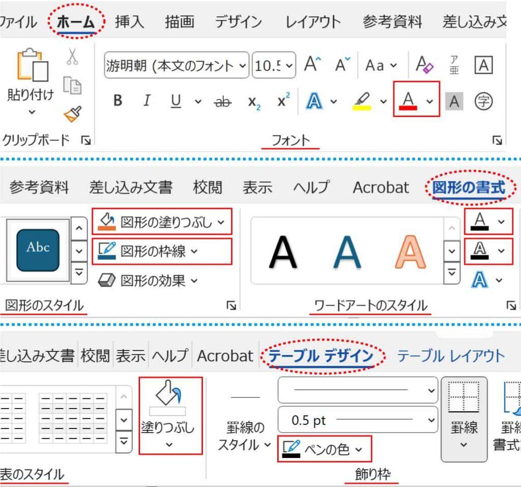 カラーパレットを使うリボンのボタン