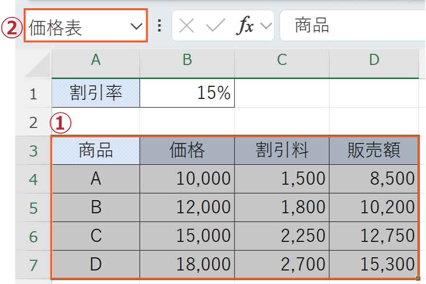 範囲選択し名前を定義する図