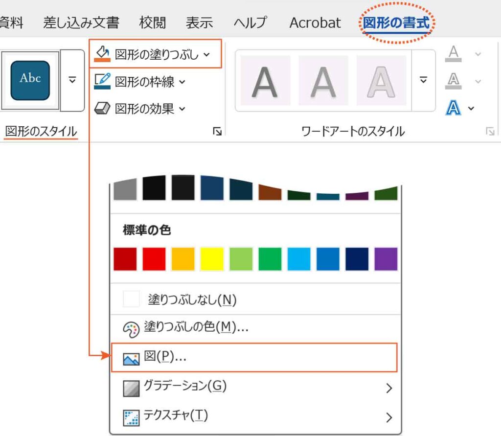 図形の書式タブ図形の塗りつぶしの「図」ボタン