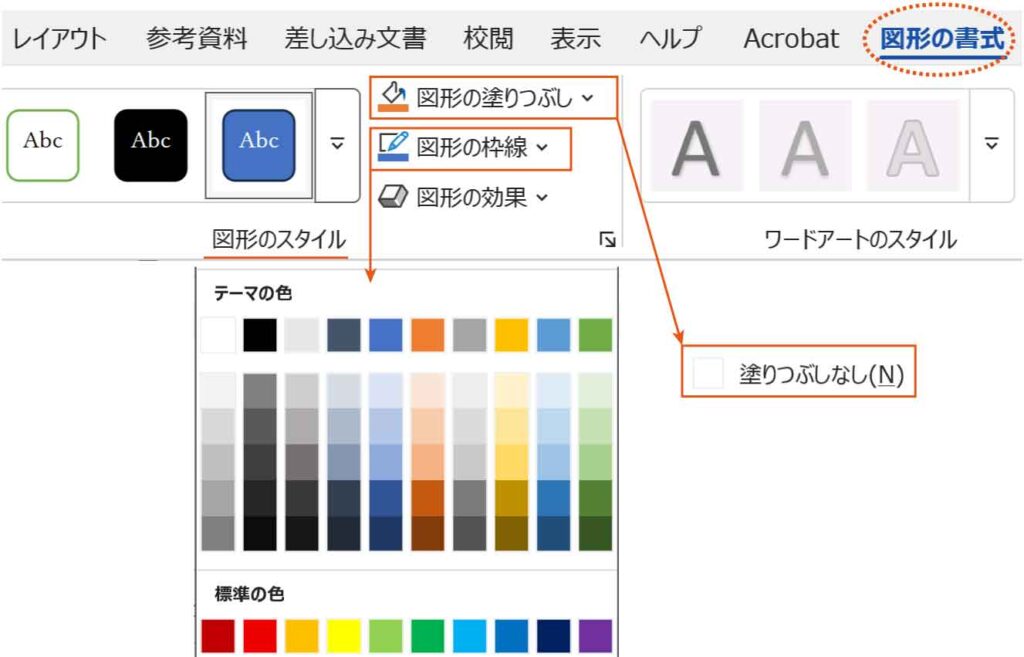 図形の書式タブの図形の塗りつぶしと枠線