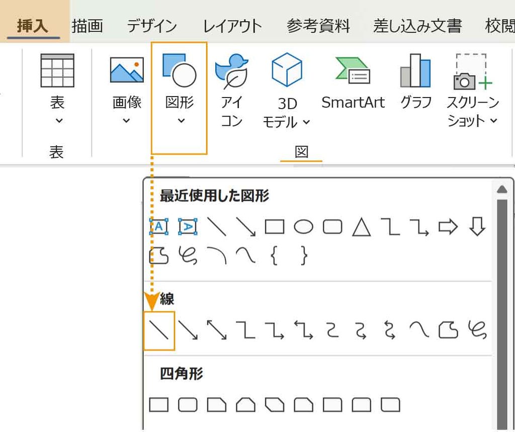 挿入タブ図形の線ボタン