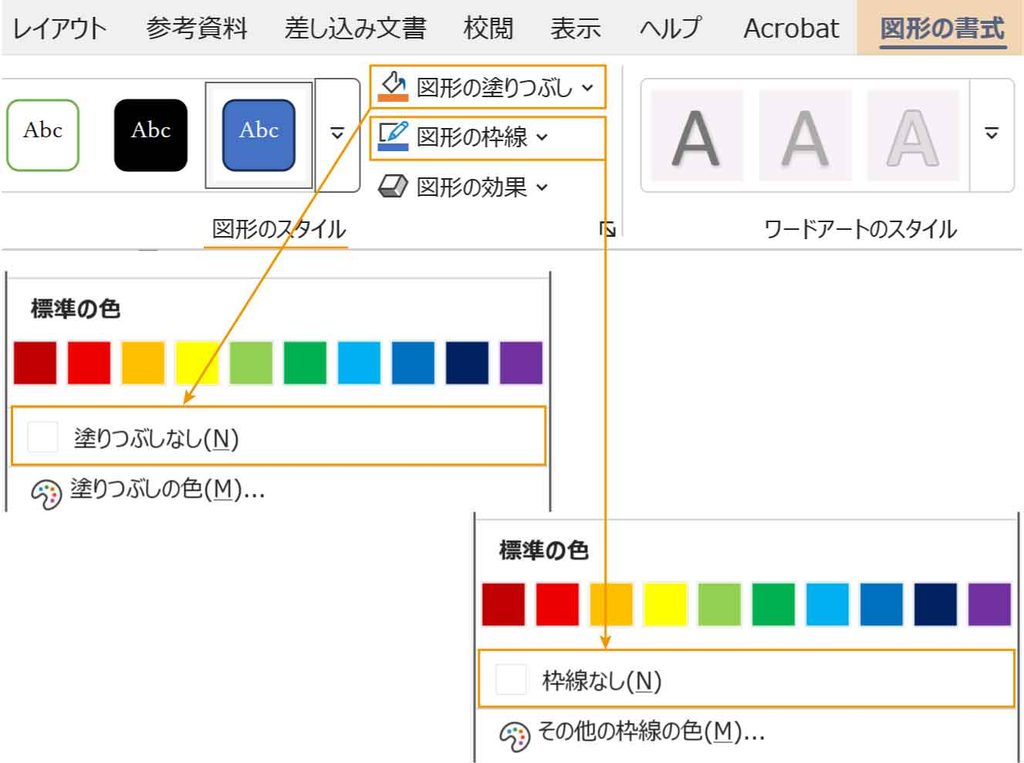 テキストボックスの塗りと線をなしに設定する図